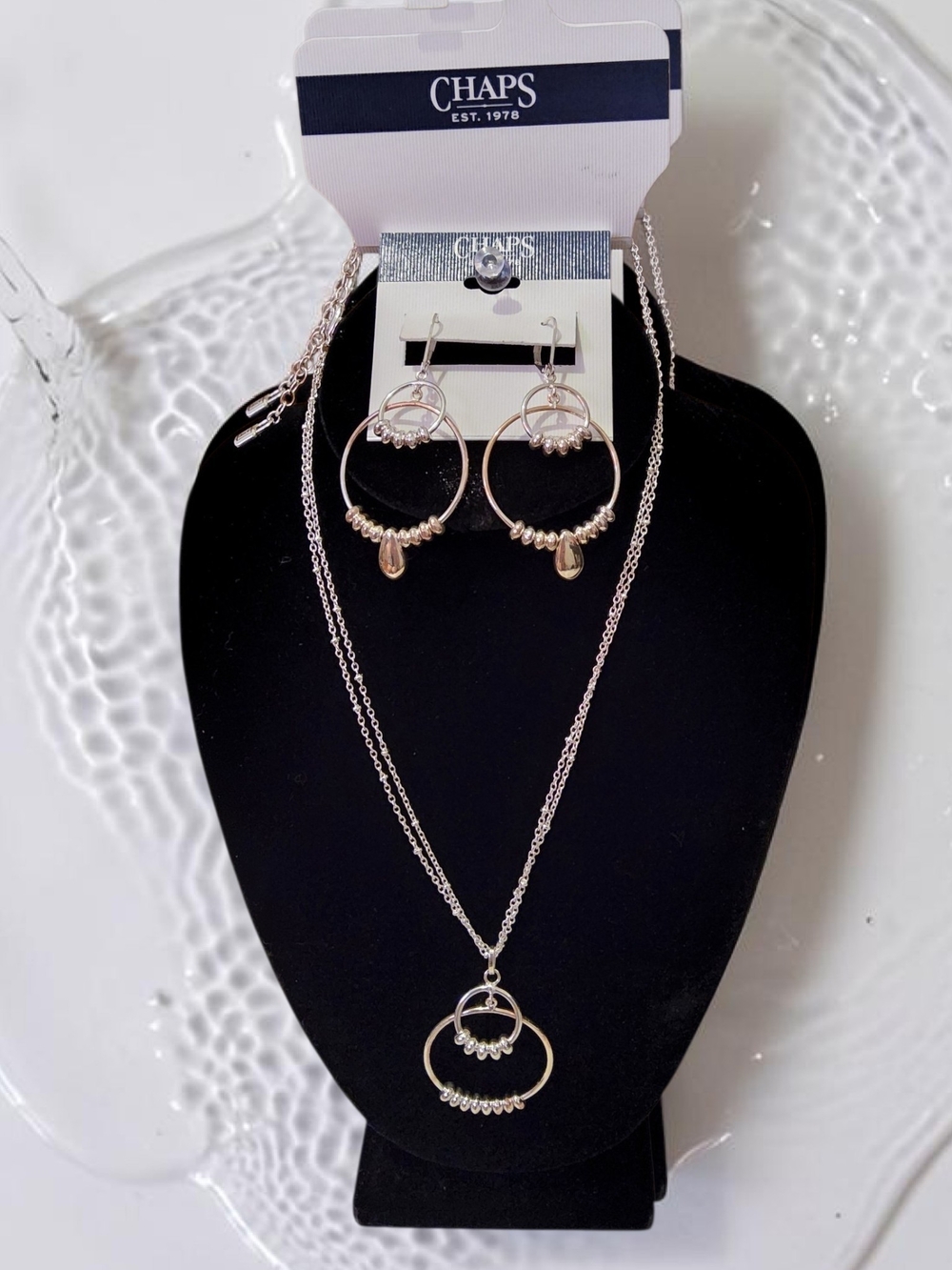 Chaps Silver  Double Hoop Necklace with Matching Earrings
